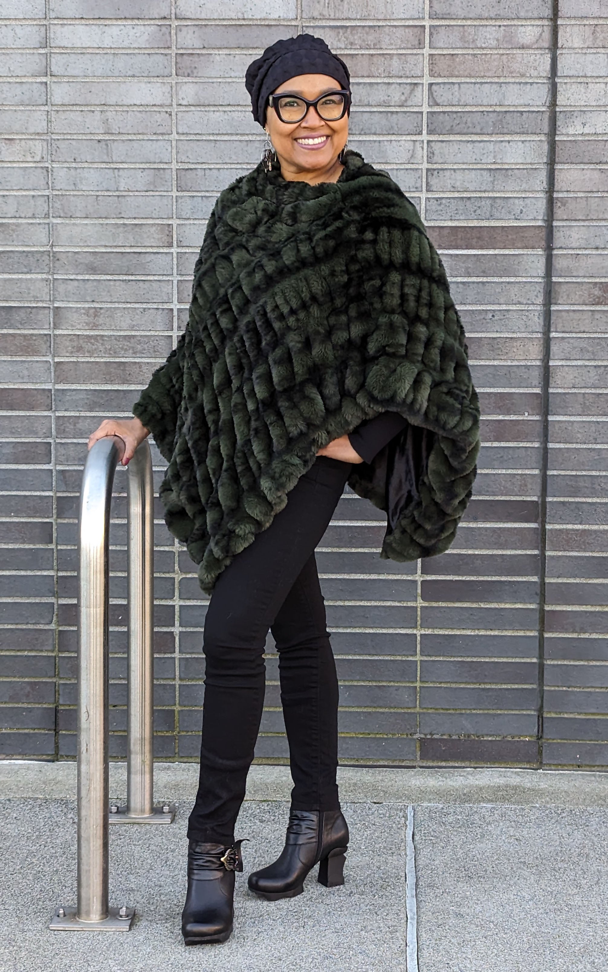 Model in Royal Opulence Poncho in Black Pine | handmade in Seattle WA USA | Pandemonium Millinery