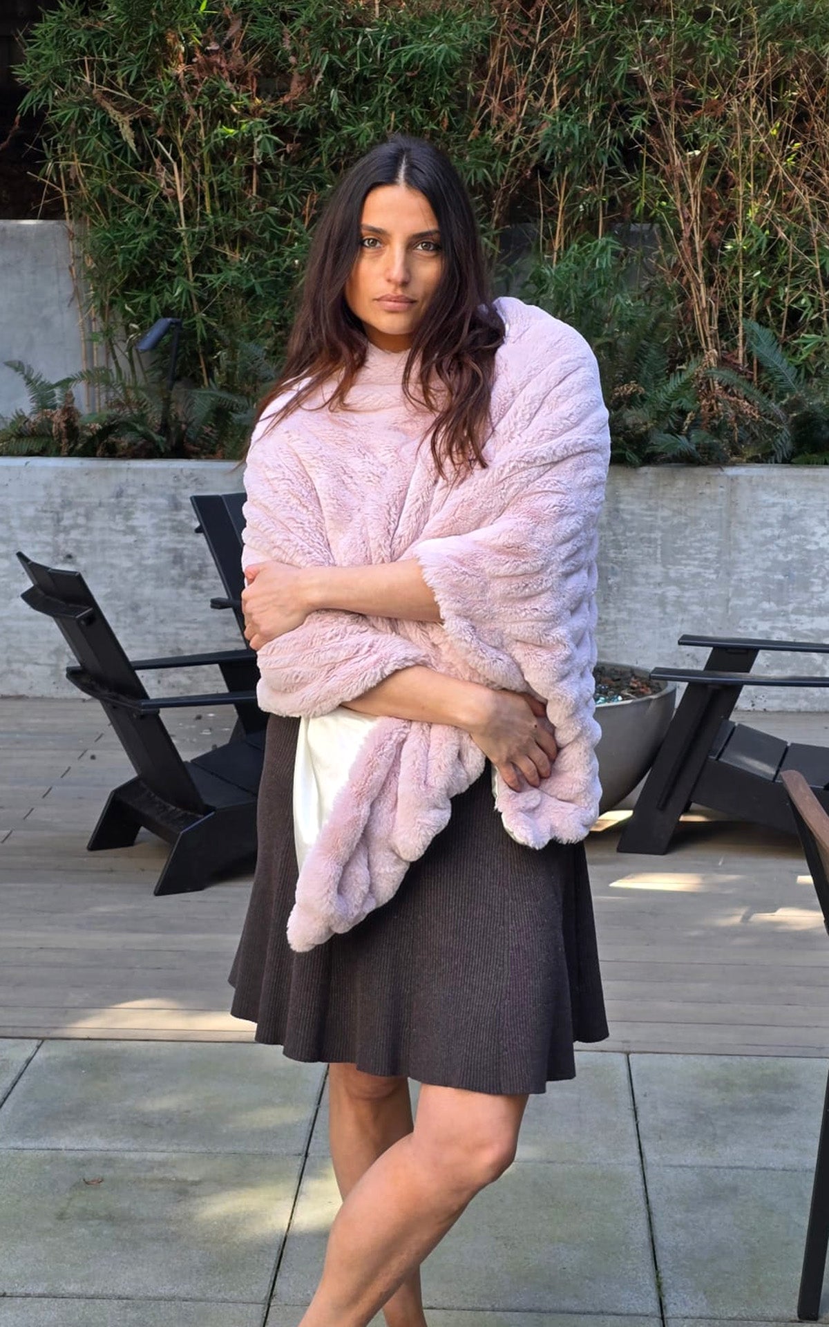 Model with arms crossed wearing a Poncho | Royal Opulence Faux Fur in Rosè | Pandemonium Millinery | Seattle, WA USA