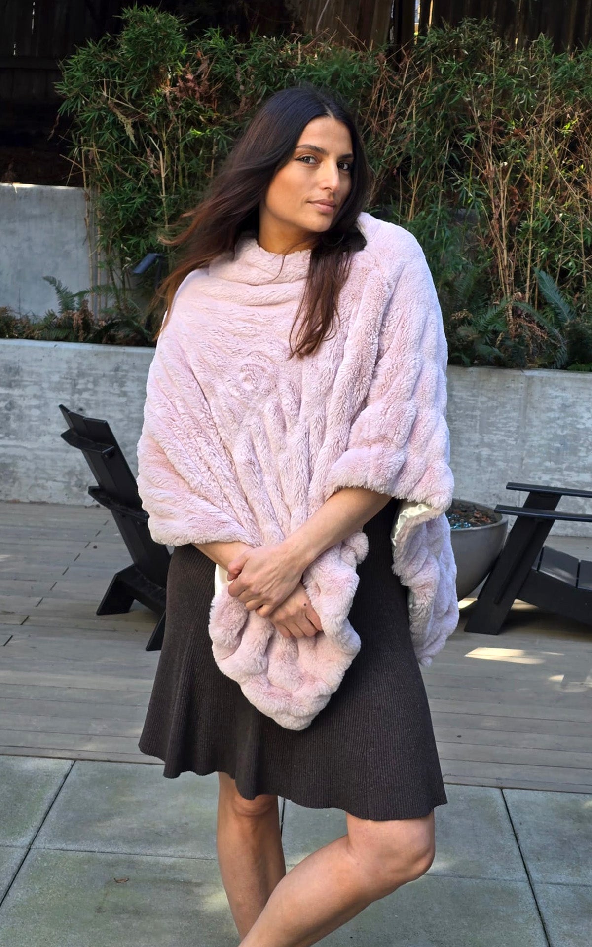 Model wearing a Poncho | 
Royal Opulence Faux Fur in Rosè | Pandemonium Millinery | Seattle, WA USA
