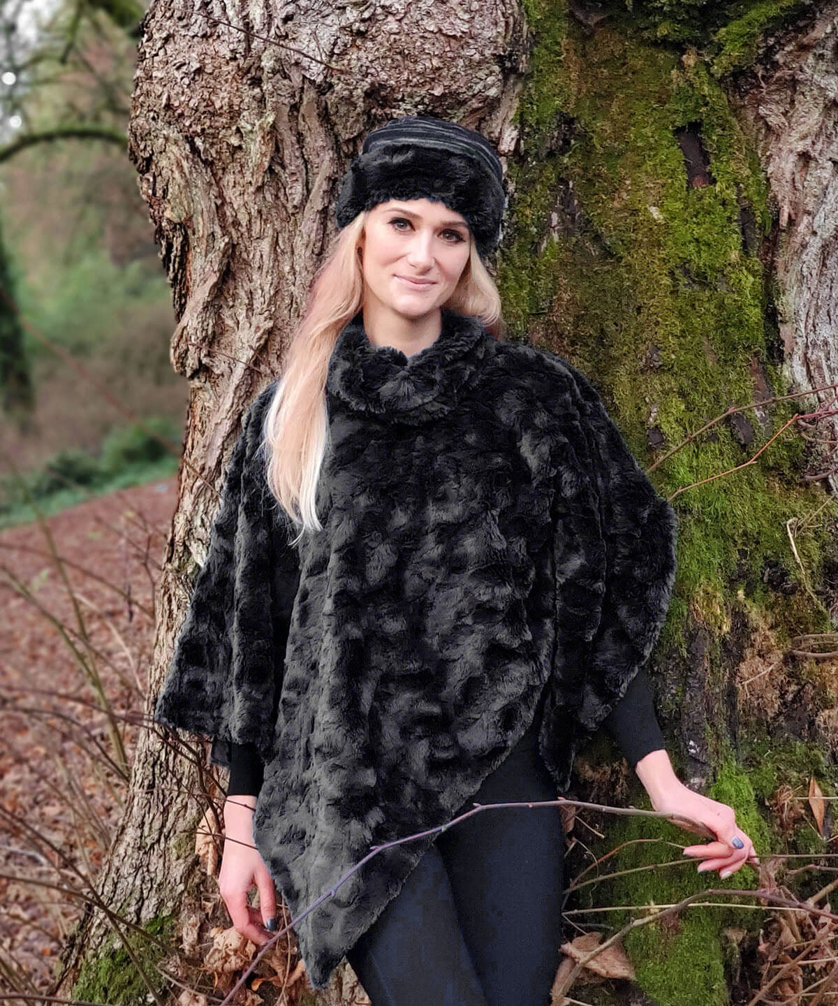 model wearing Satin Lined Poncho | Black Cuddly Faux Fur | Handmade Seattle WA USA by Pandemonium Millinery