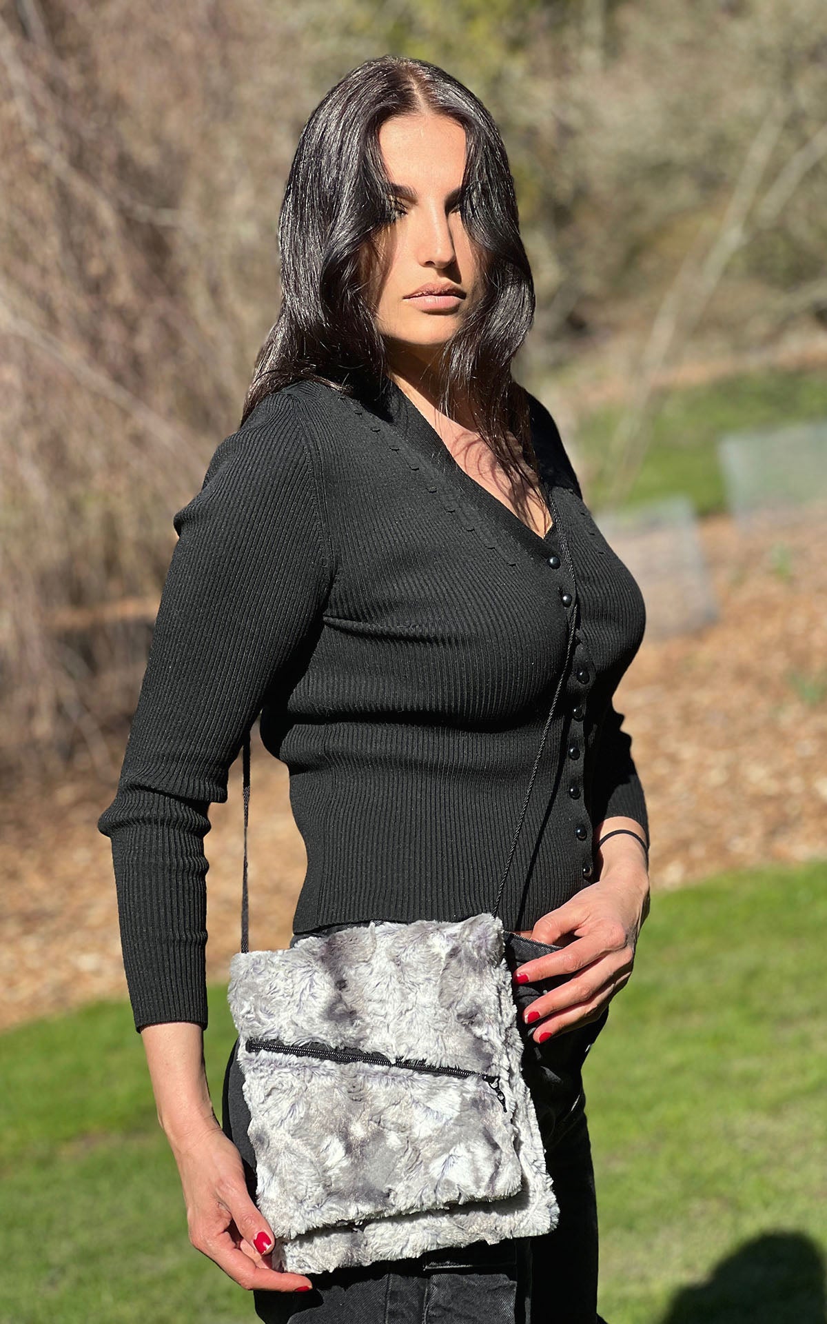 Model wearing Prague Handbag | White Water Faux Fur | Handmade in the USA by Pandemonium Seattle
