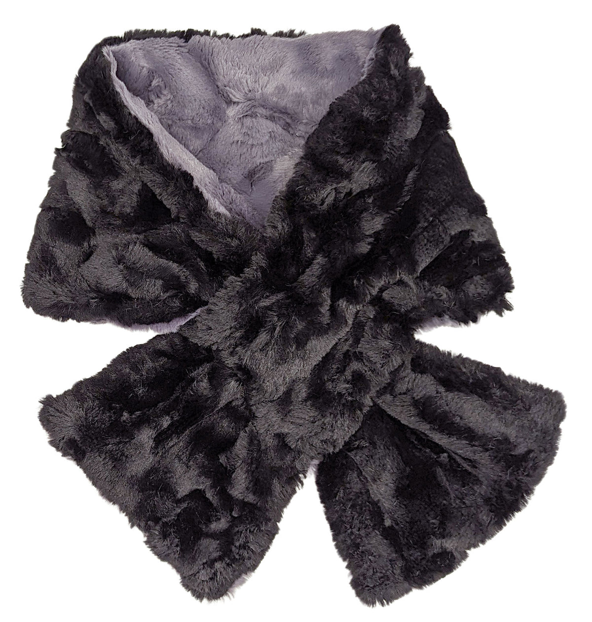 Pull Through Scarf shown reversed in Cuddly Faux Fur in Cool Gray with Cuddly Black handmade in Seattle WA USA by Pandemonium Millinery