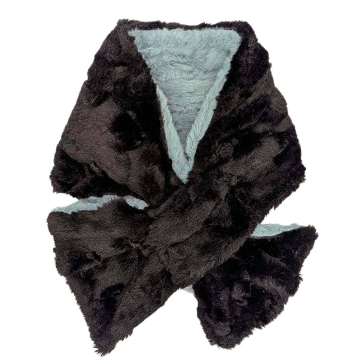 Pull thru Scarf | Cirrus in Blue Mist Faux Fur with Cuddly Black | Shown in Reverse |Handmade in Seattle WA  USA | By Pandemonium Seattle