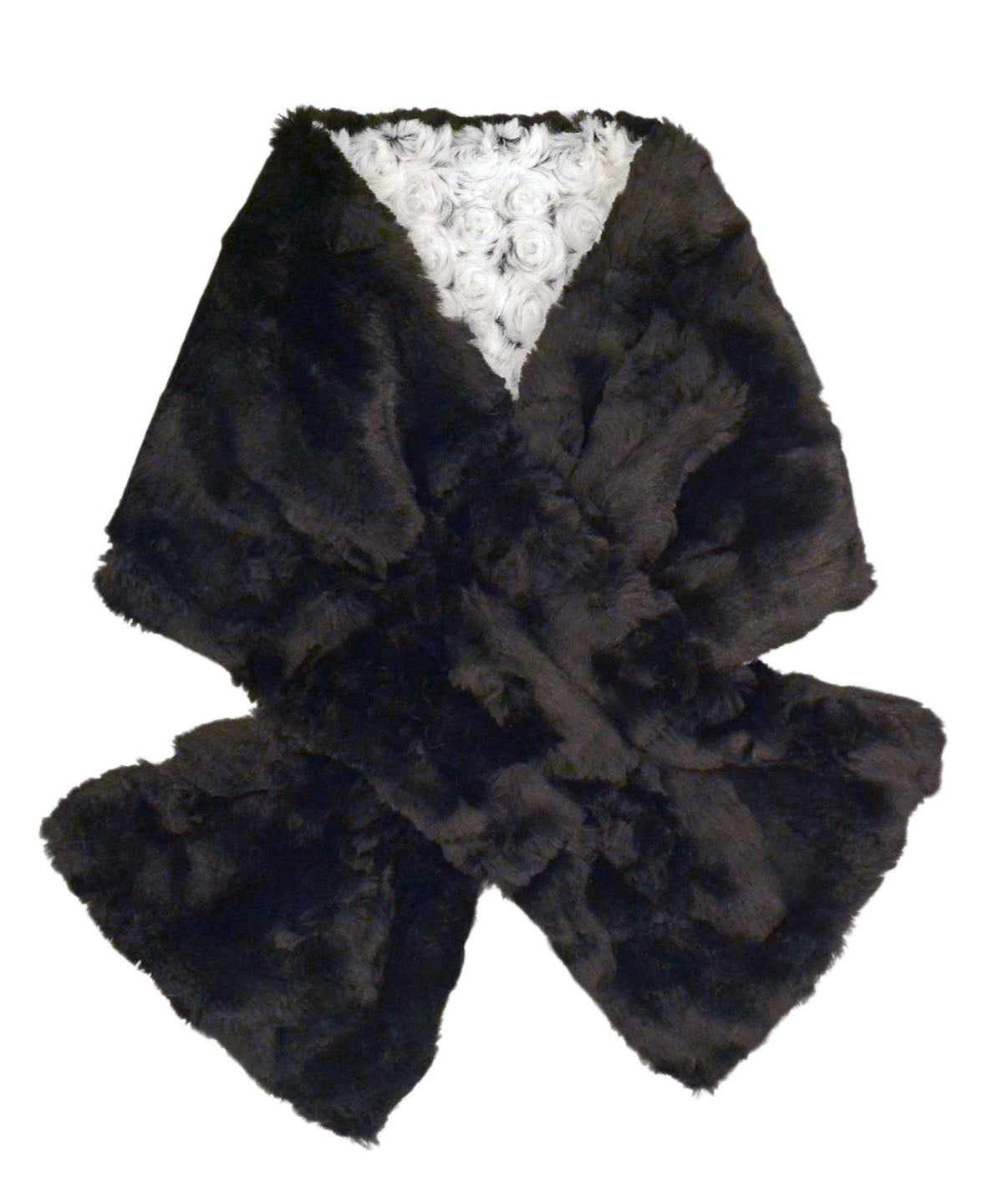 Women&#39;s Pull Thru Scarf shown in reverse | Rosebud in Black Faux Fur with Cuddly Black | Handmade By Pandemonium Seattle