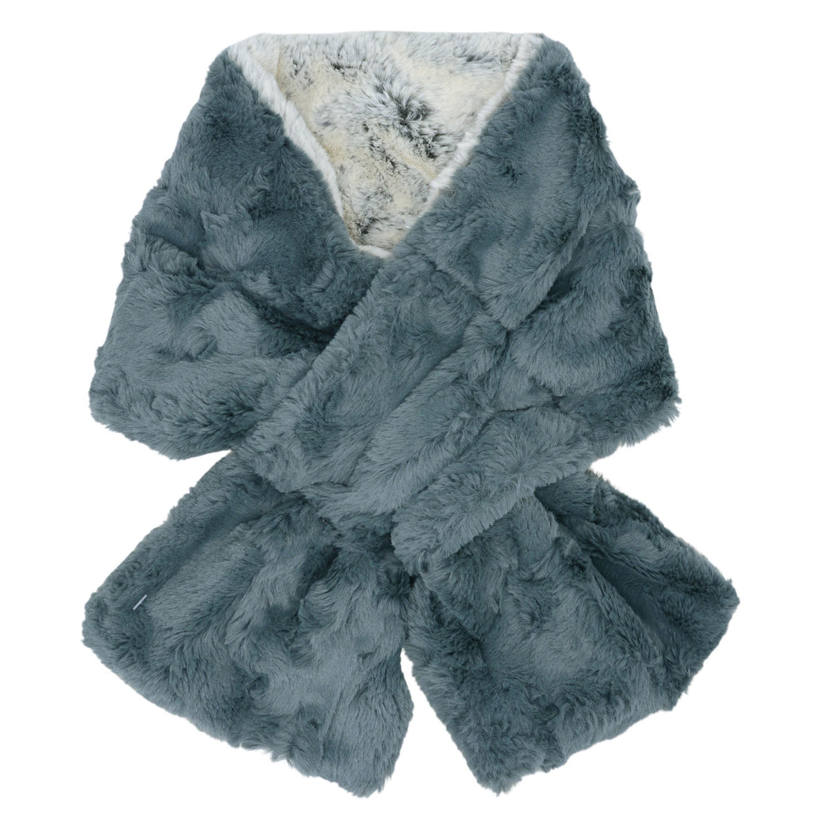 Pull-Thru Scarf | Frosted Juniper Faux Fur reverse to Slate | Handmade USA by Pandemonium Seattle