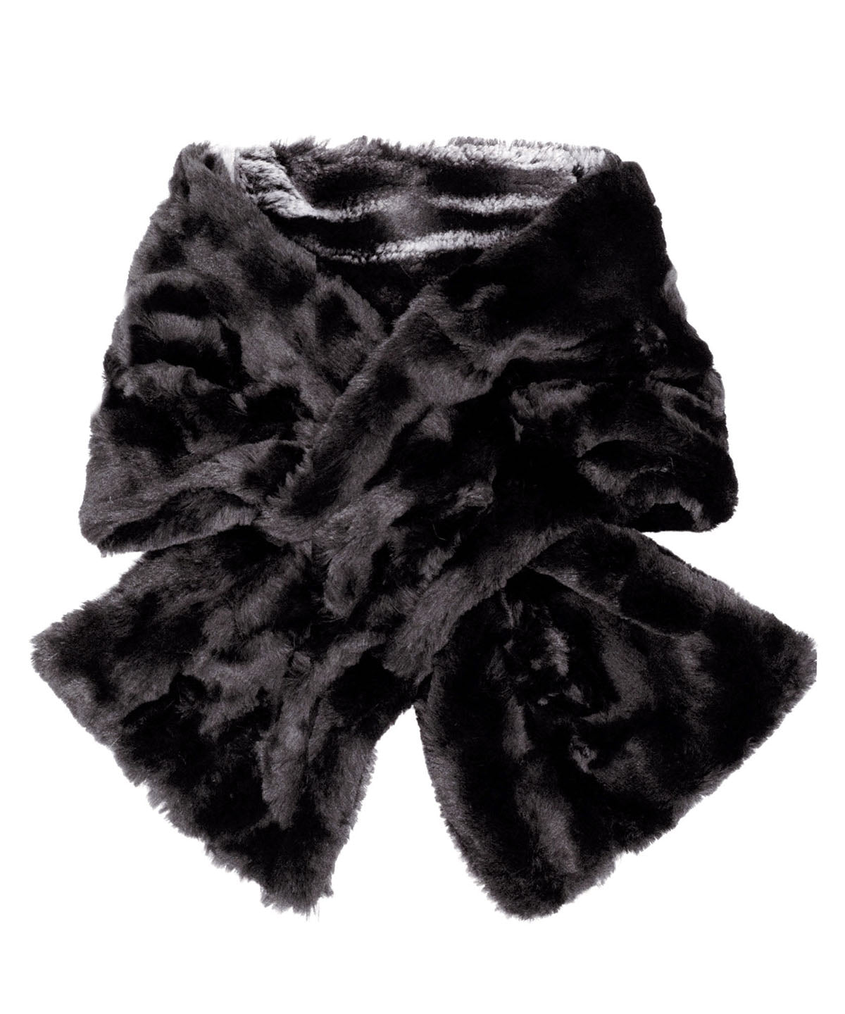 Women’s Pull Thru Scarf | Shown in Reverse, Cuddly Black with Marble Dune Faux Fur in  Black | Handmade in Seattle, Wa | Pandemonium Seattle