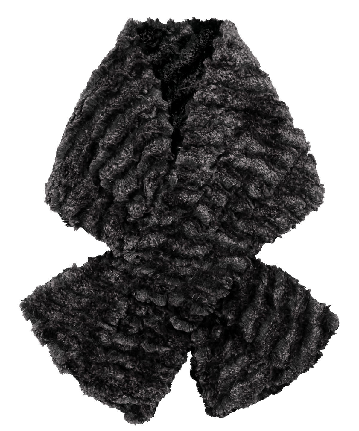 Product shot of Women’s reversible Pull Through Scarf | Desert Sand in midnight embossed faux fur in black | Handmade in Seattle WA | Pandemonium Millinery