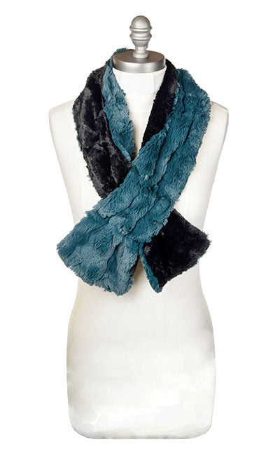 Product shot of Women’s reversible Long Pull Through Scarf | Peacock Pond faux fur, blue turquoise with cuddly fur in black | Handmade in Seattle WA | Pandemonium Millinery