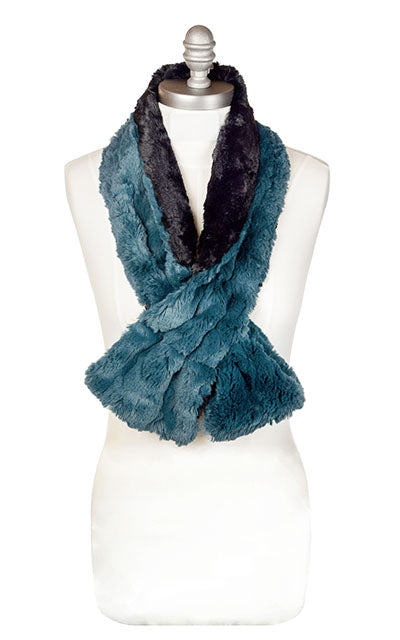 Ladies reversible Long Pull Through Scarf | Peacock Pond faux fur, blue turquoise with cuddly fur in black | Handmade in Seattle WA | Pandemonium Millinery