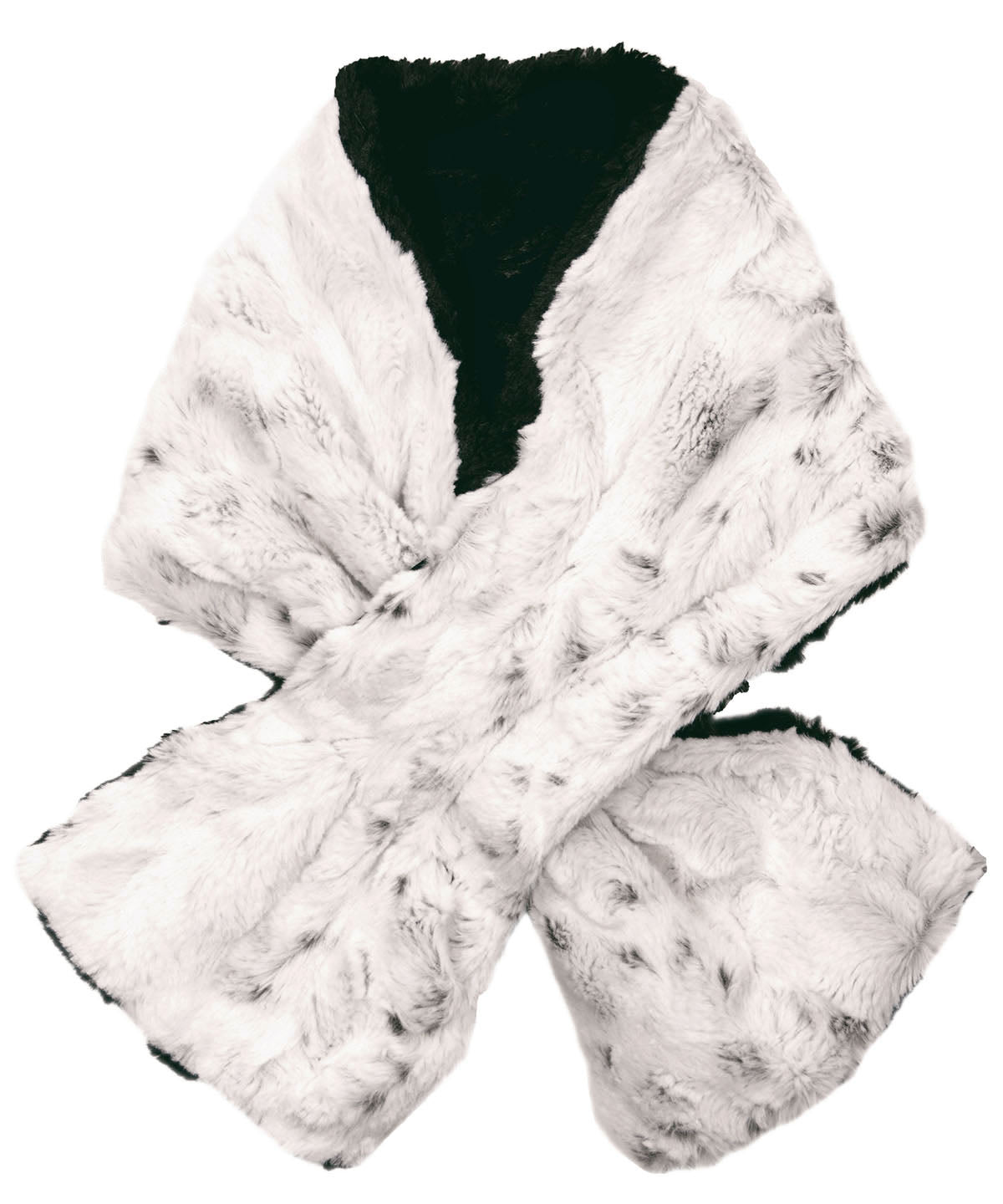 Product shot of Women’s reversible Pull Through Scarf | Winter Frost a white faux fur with light hints of black with Cuddly Faux Fur in Black| Handmade in Seattle WA | Pandemonium Millinery