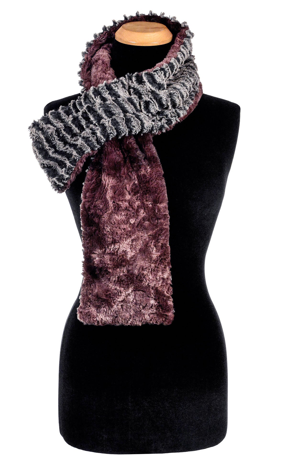Ladies reversible Long Pull Through Scarf | Desert Sand in Charcoal gray with Highland in Thistle faux fur, Mauve tie-dye and grey | Handmade in Seattle WA | Pandemonium Millinery