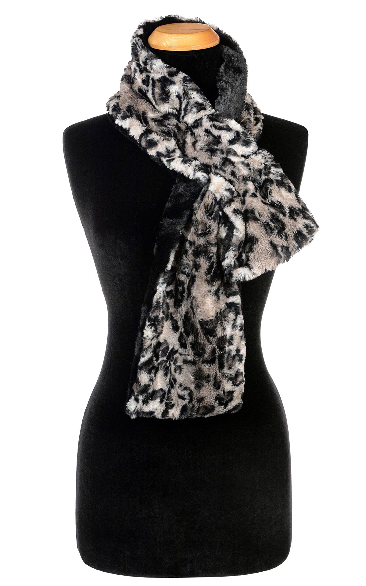 Product shot of Women’s reversible Long Pull Through Scarf | Savannah Cat animal print faux fur, in grays, blacks, and creams with cuddly fur in black | Handmade in Seattle WA | Pandemonium Millinery
