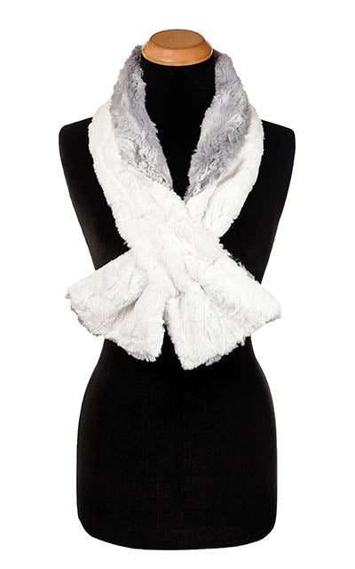 Product shot of Women’s reversible Long Pull Through Scarf shown in reverse | Winter River blue, cream and periwinkle with cuddly faux fur in ivory | Handmade in Seattle WA | Pandemonium Millinery