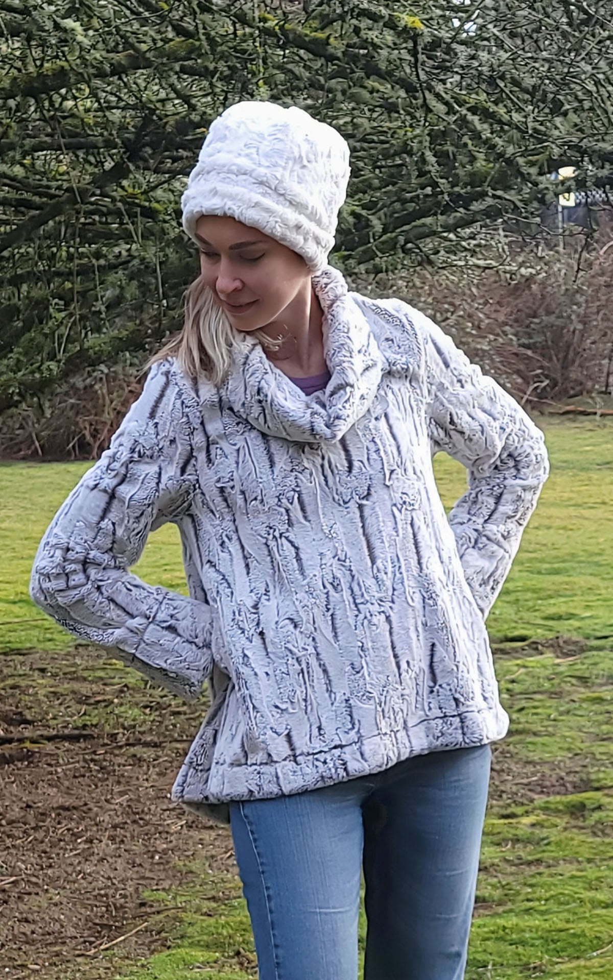 Model wearing a Cowl Pullover Tunic | Luxury Faux Fur in Khaki | Seattle, WA USA handmade by Pandemonium Millinery