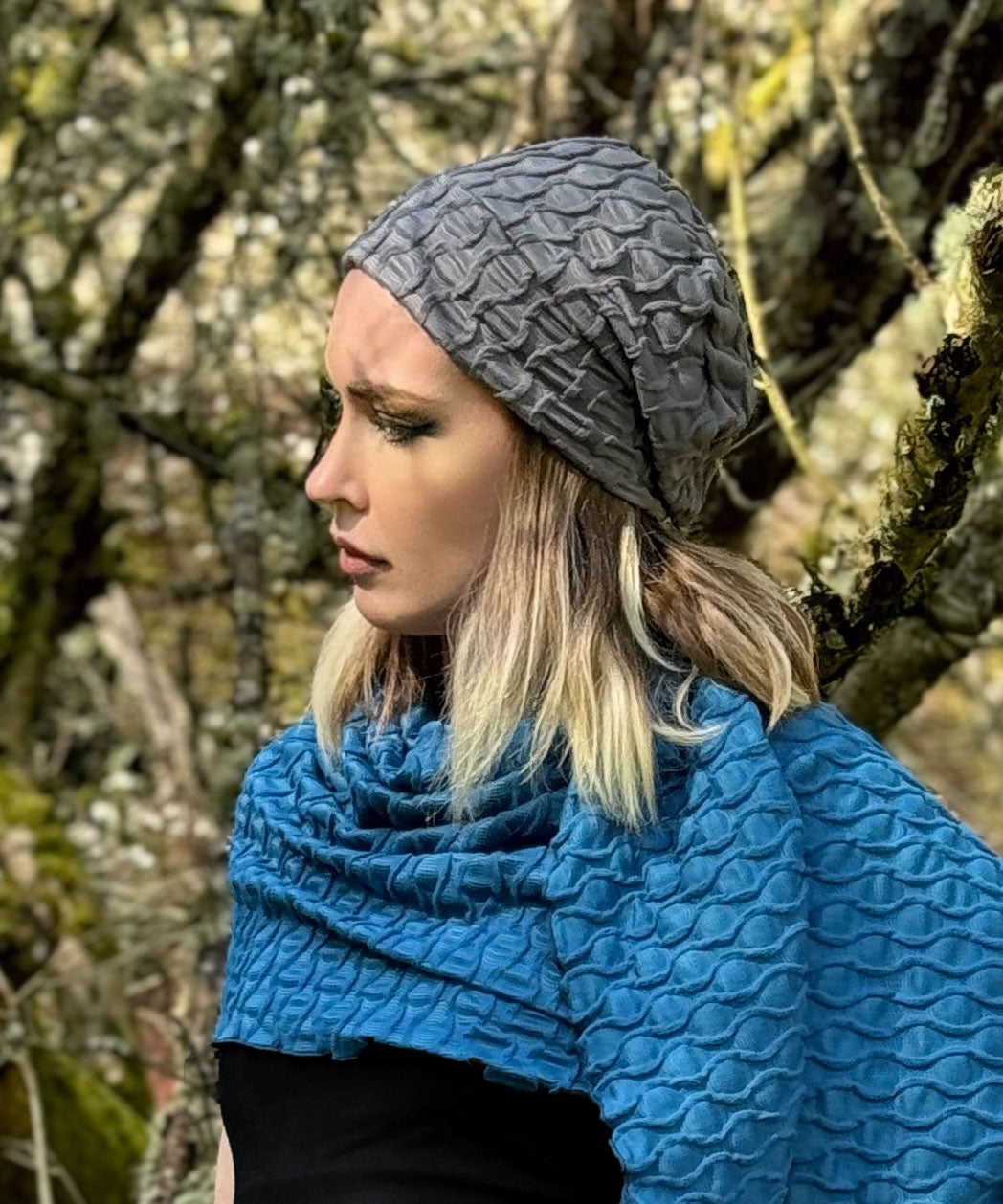 Rowdie Hat in Gray, shown on model. LYC by Pandemonium is handmade by Pandemonium Seattle.