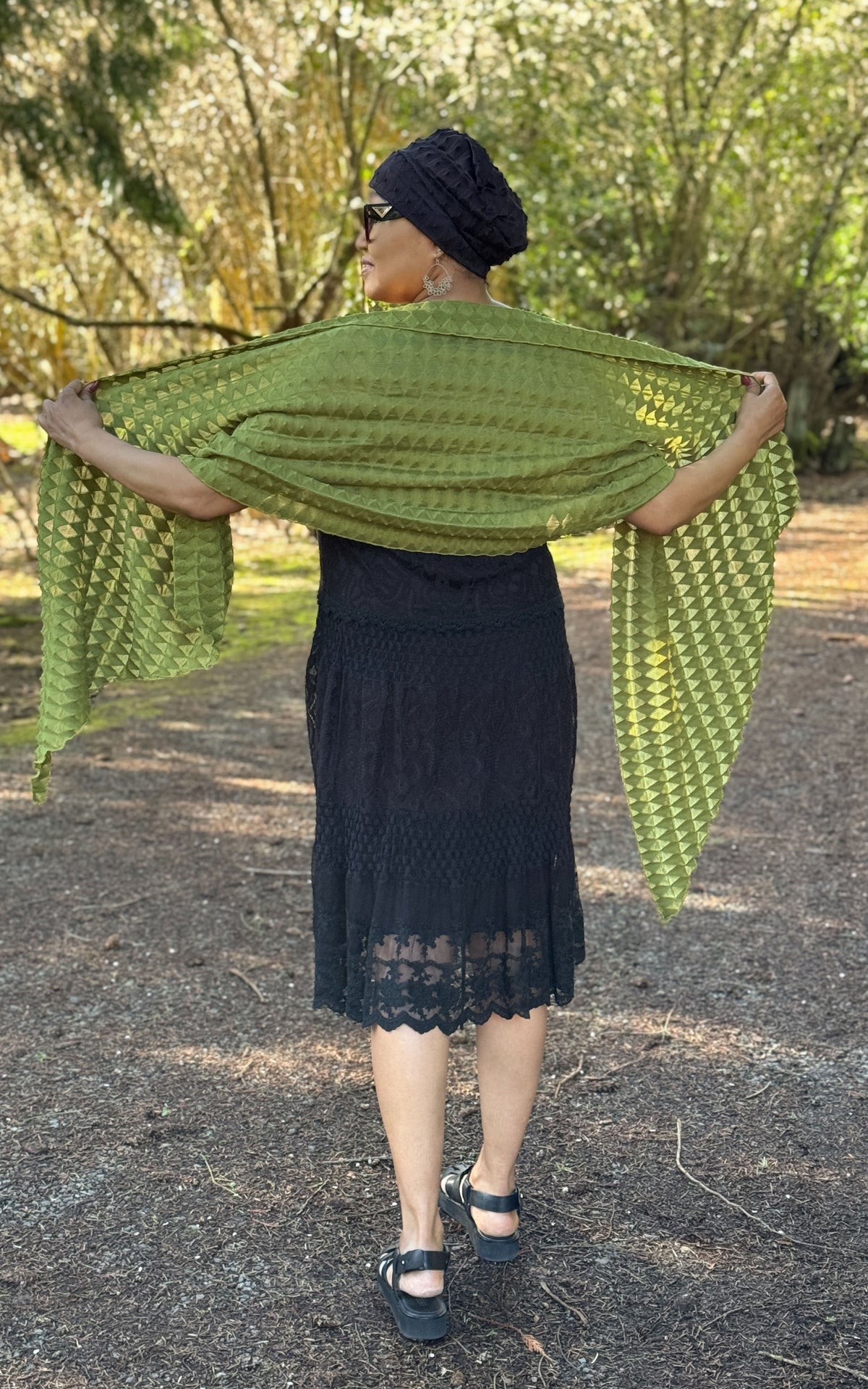 Back of Model in Handkerchief Scarf in Avocado and Rowdie in Fractal Burnt Black from the Pandemonium Seattle Fractal Collection. LYC by Pandemonium is handmade in Seattle, WA, USA.