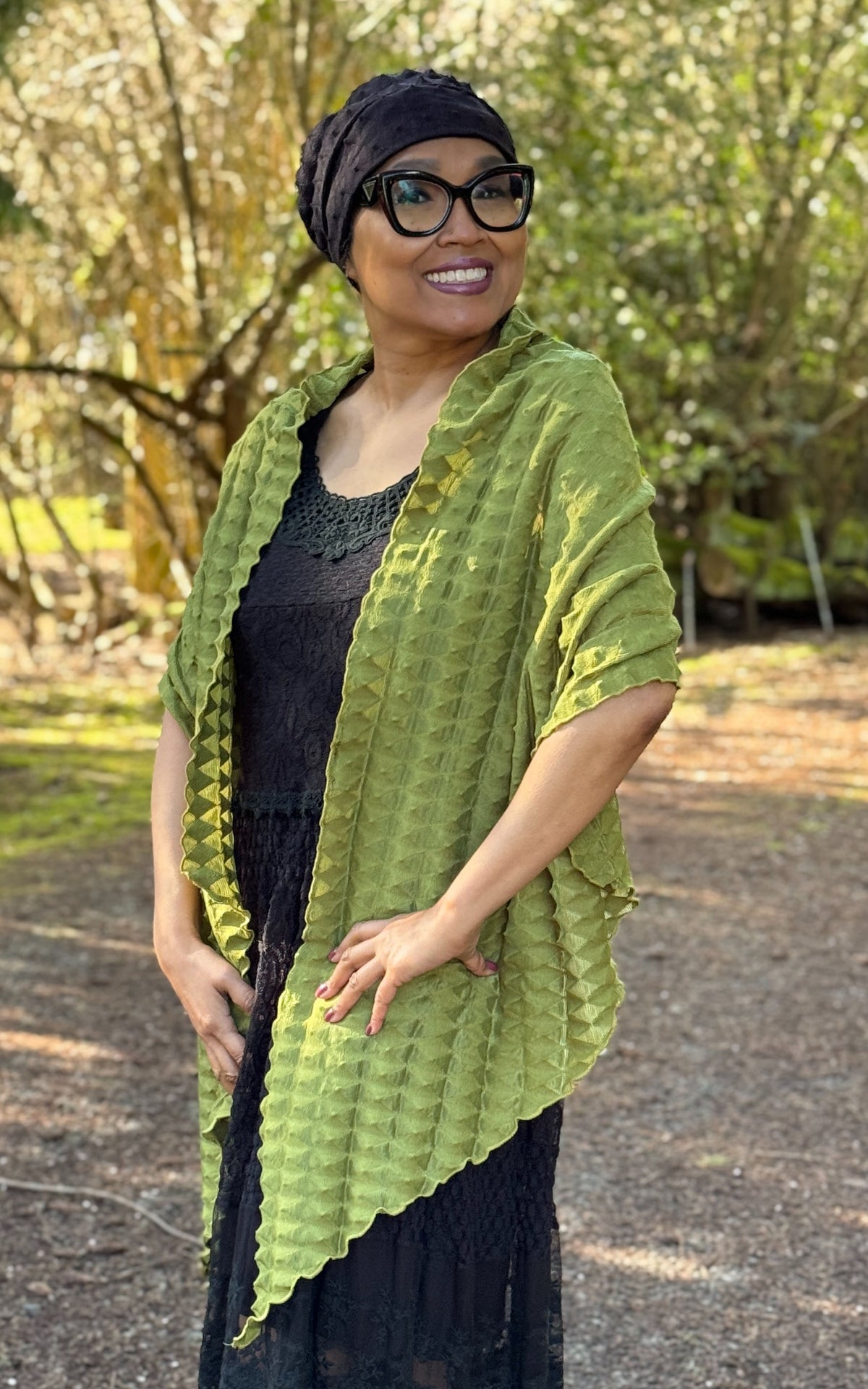 Model in Handkerchief Scarf in Avocado and Rowdie in Fractal Burnt Black from the Pandemonium Seattle Fractal Collection. LYC by Pandemonium is handmade in Seattle, WA, USA.