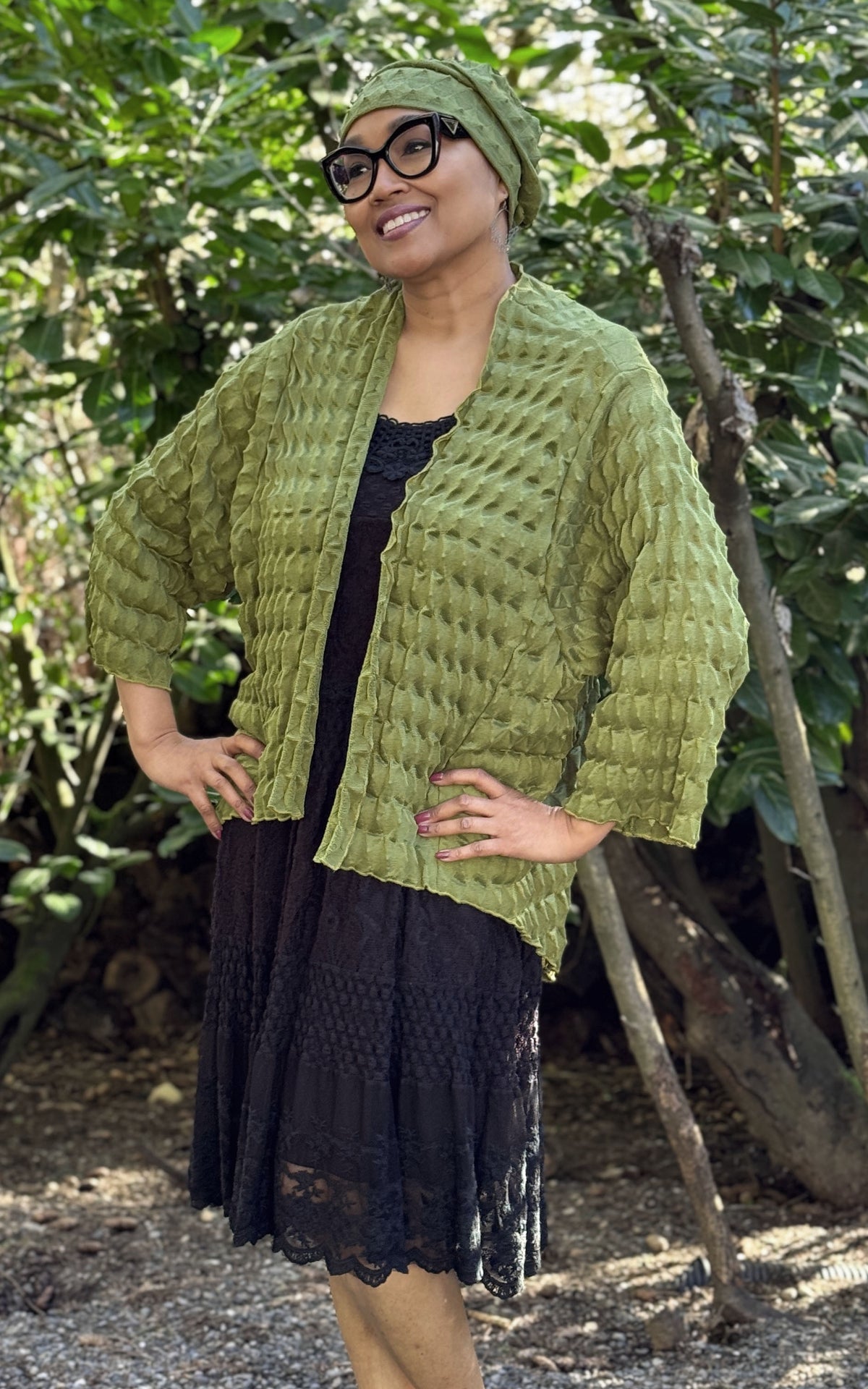 Model photo of the Fractal Collection Avocado Cardigan and Rowdie. LYC by Pandemonium is handmade in Seattle, WA, USA.