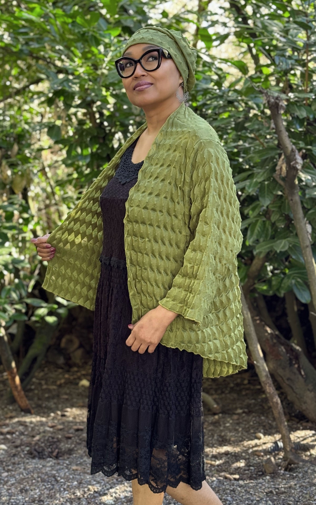 Model photo of the Fractal Collection Avocado Cardigan and Rowdie. LYC by Pandemonium is handmade in Seattle, WA, USA.