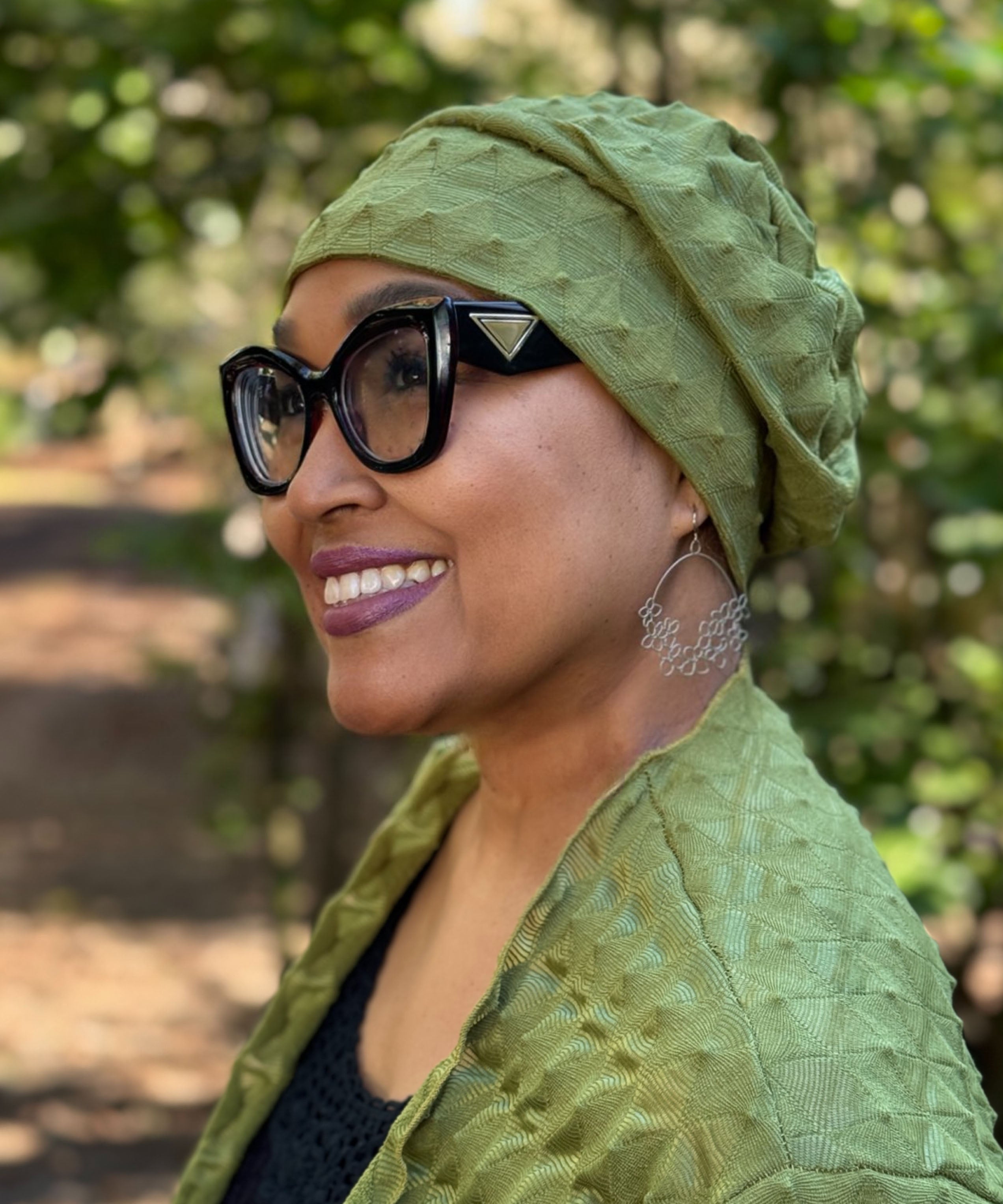 Rowdie Hat in Black Fractal, shown on model. LYC by Pandemonium is handmade by Pandemonium Seattle.