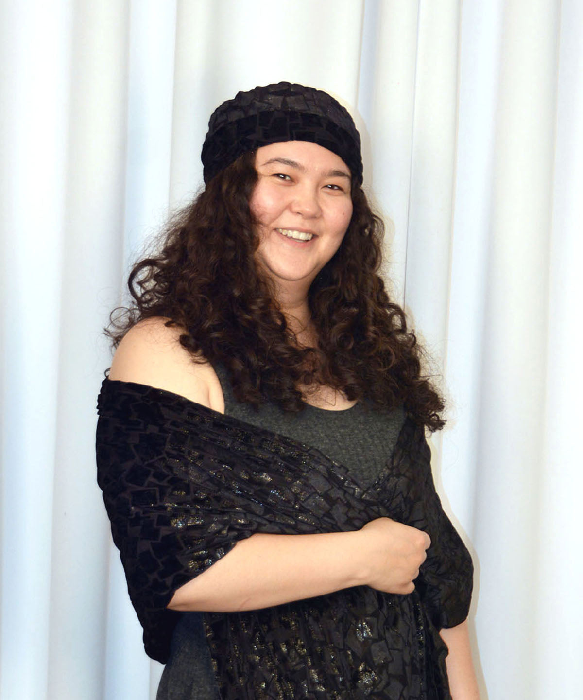 Woman wearing Rowdie Hat and matching Evening Wrap in Wild Nights Burnout Velvet handmade in USA by Pandemonium Seattle