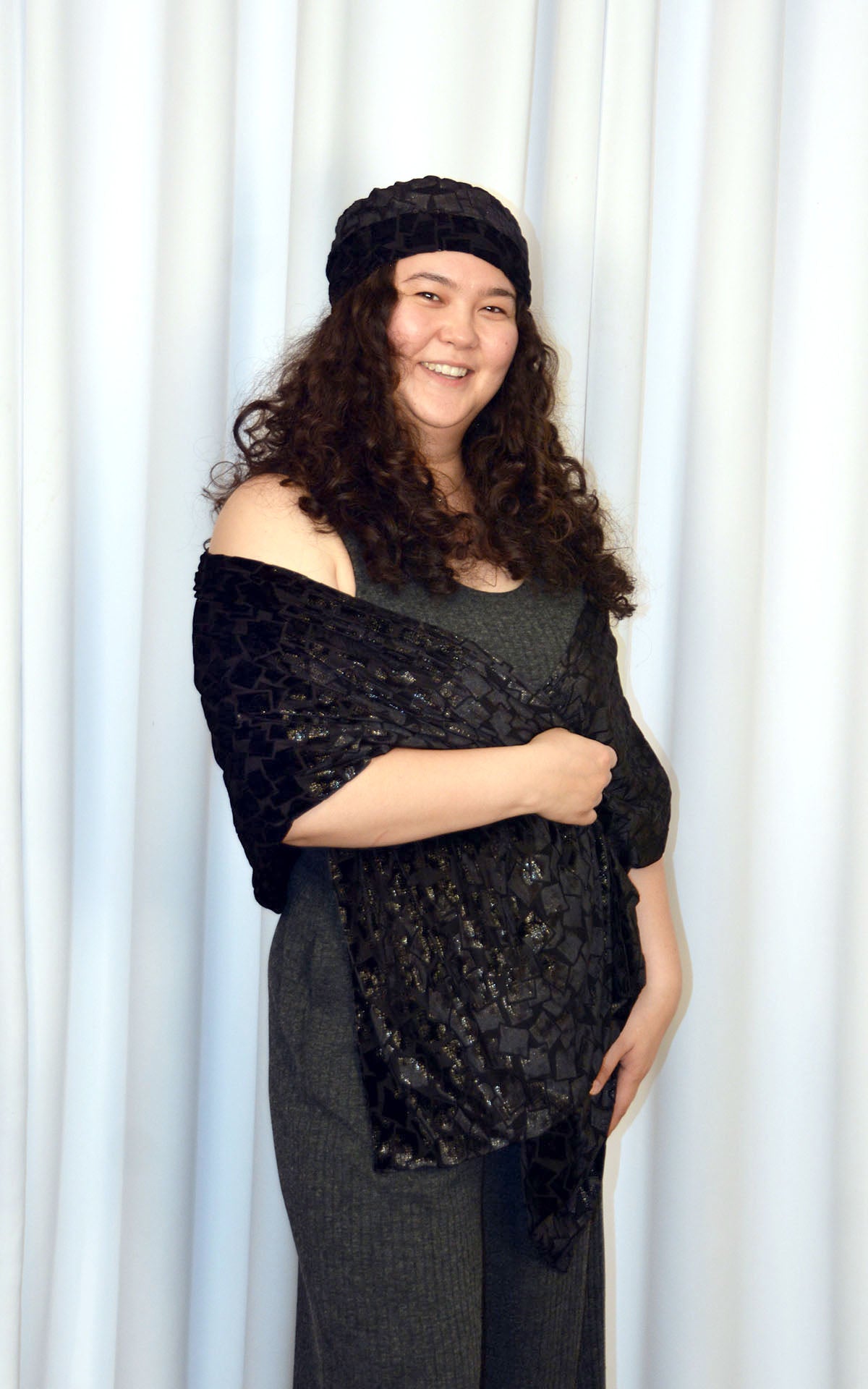 Woman wearing Evening Wrap with matching hat in Wild Nights Black Burnout Velvet handmade in USA by Pandemonium Seattle