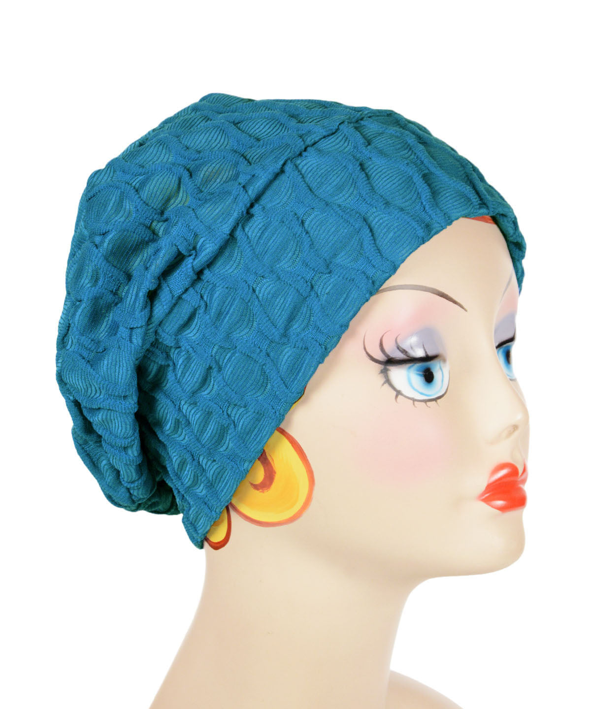 Rowdie Hat shown in Cerulean Blue on product model. LYC by Pandemonium is handmade in Seattle, WA, USA.