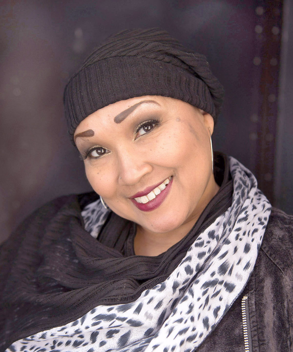 Model wearing Rowdie slouchy Hat in Jet  with matching scarf| Handmade  by Pandemonium  Seattle