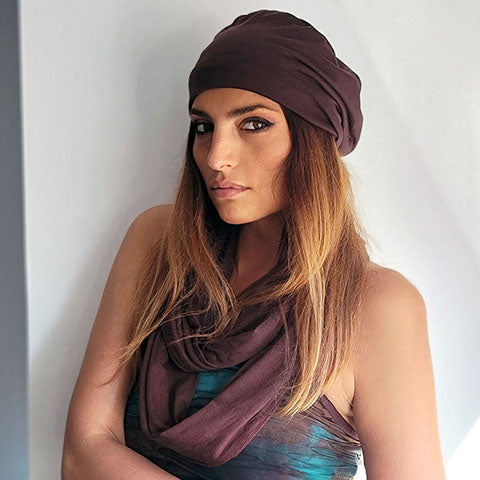 model wearing brown jersey knit hat and scarf handmade by Pandemonium Seattle