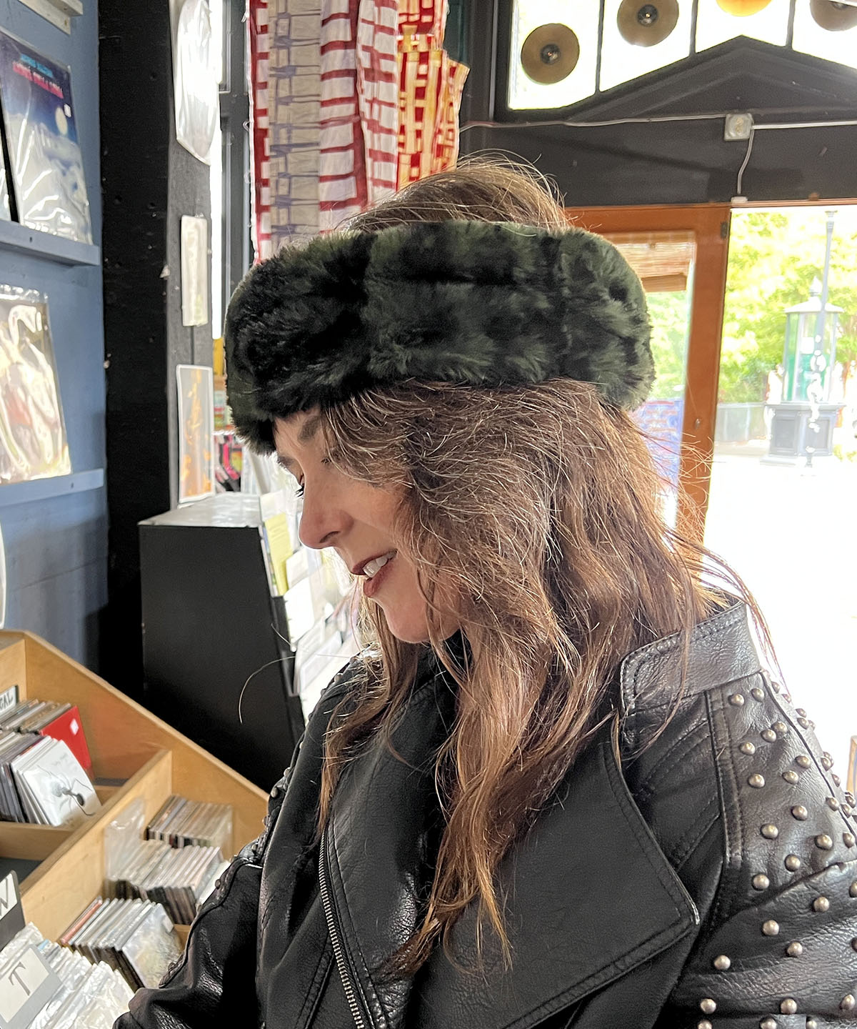 Model wearing Black Pine Narrow Ear / Neck Cozy in Royal Opulence faux fur. Handmade by Pandemonium Seattle.