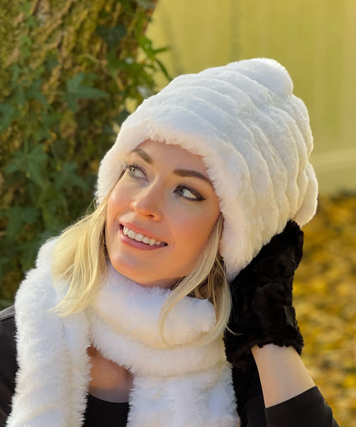 Woman looking up and wearing Beanie Hat | Heavenly Royal Opulence Faux Fur | from Pandemonium Seattle