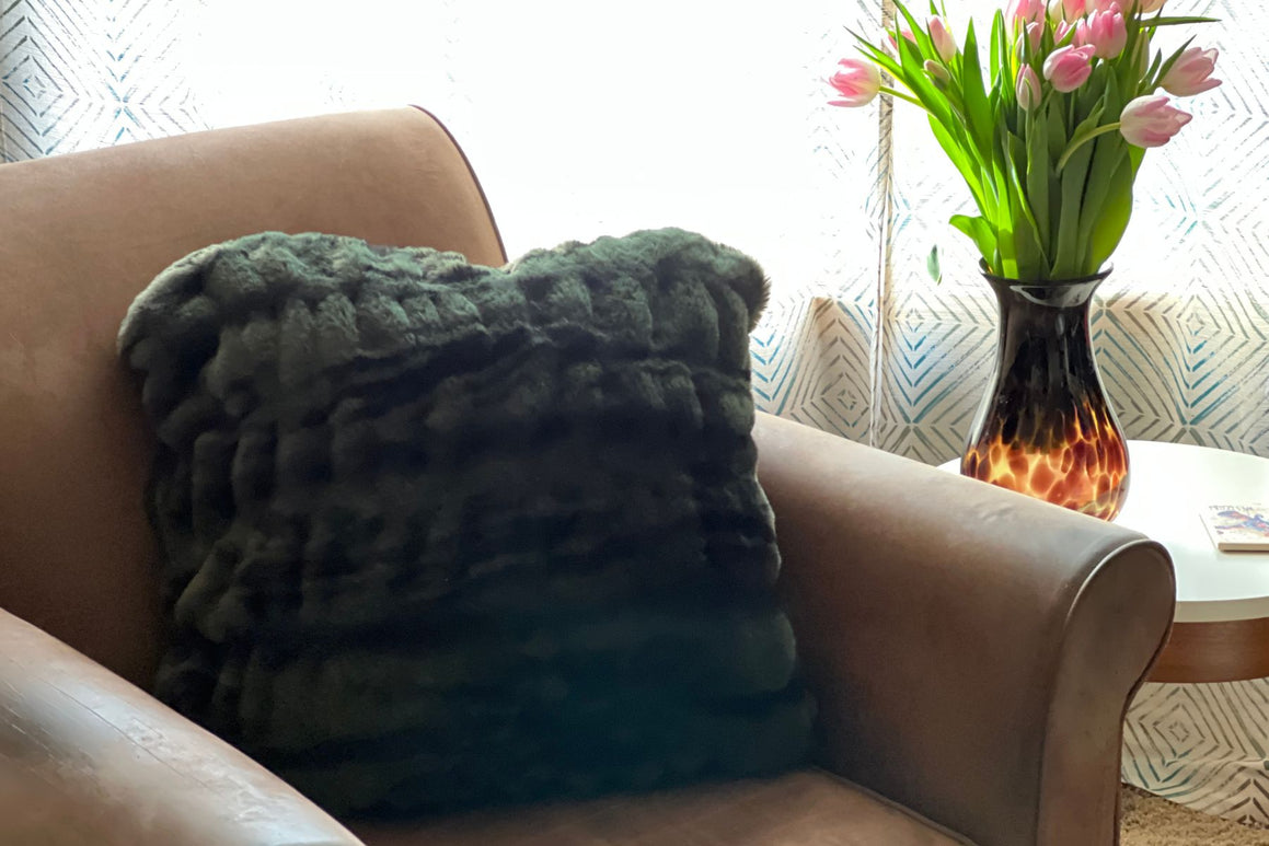 Throw Pillow in Black Pine Royal Opulence faux fur. Made by Pandemonium Seattle.