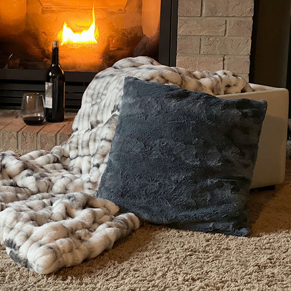 Pillow Sham in Cuddly Slate Faux Fur with Aspen Royal Opulence Throw by fireplace handmade in the USA by Pandemonium Seattle