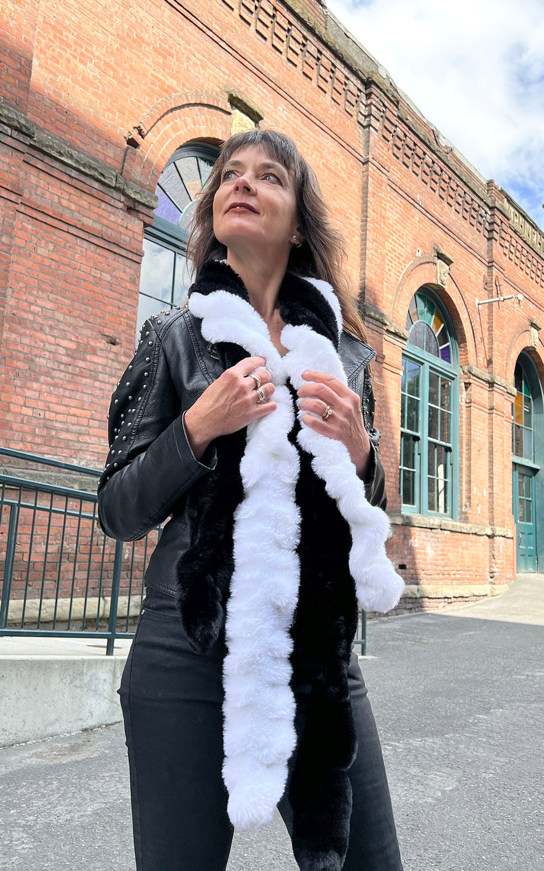 Woman wearing Royal Opulence Skinny Scarves in Onyx with additional Scarf in Heavenly. Handmade by Pandemonium Seattle.