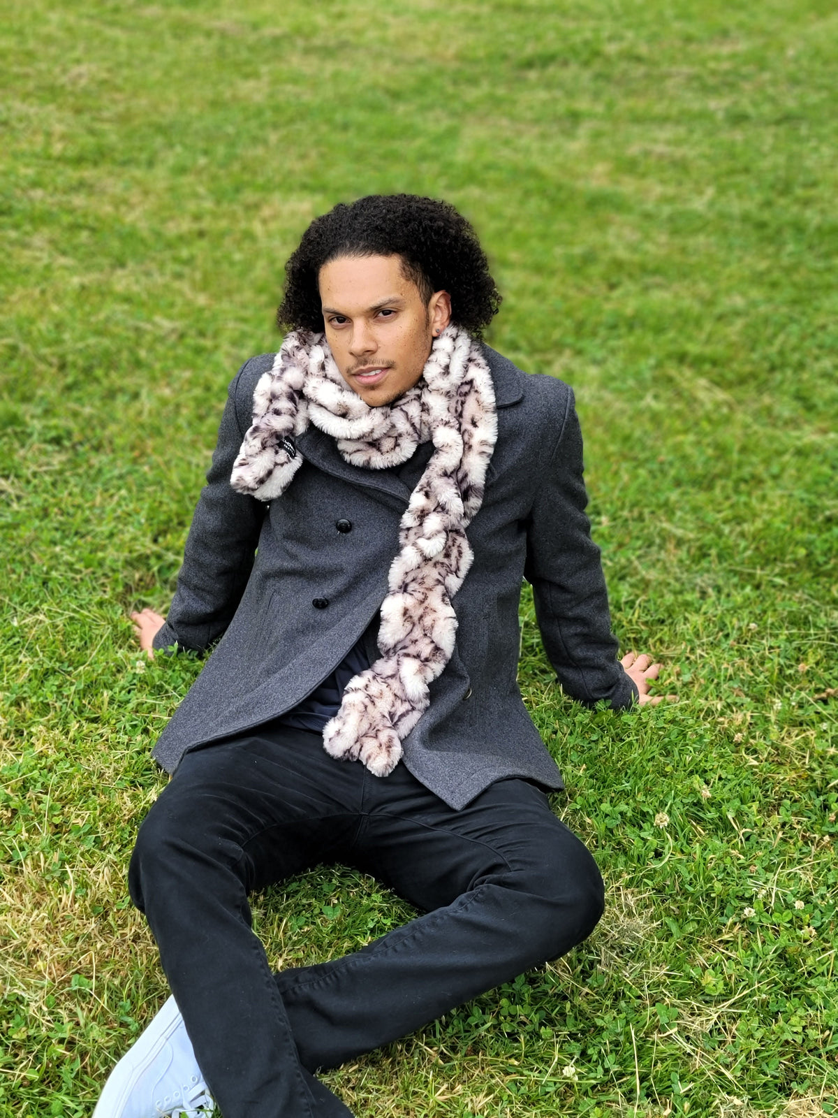 Man Royal Opulence Snow Leopard Faux Fur Scarf from the Royal Opulence Collection. Handsewn by Pandemonium Seattle.