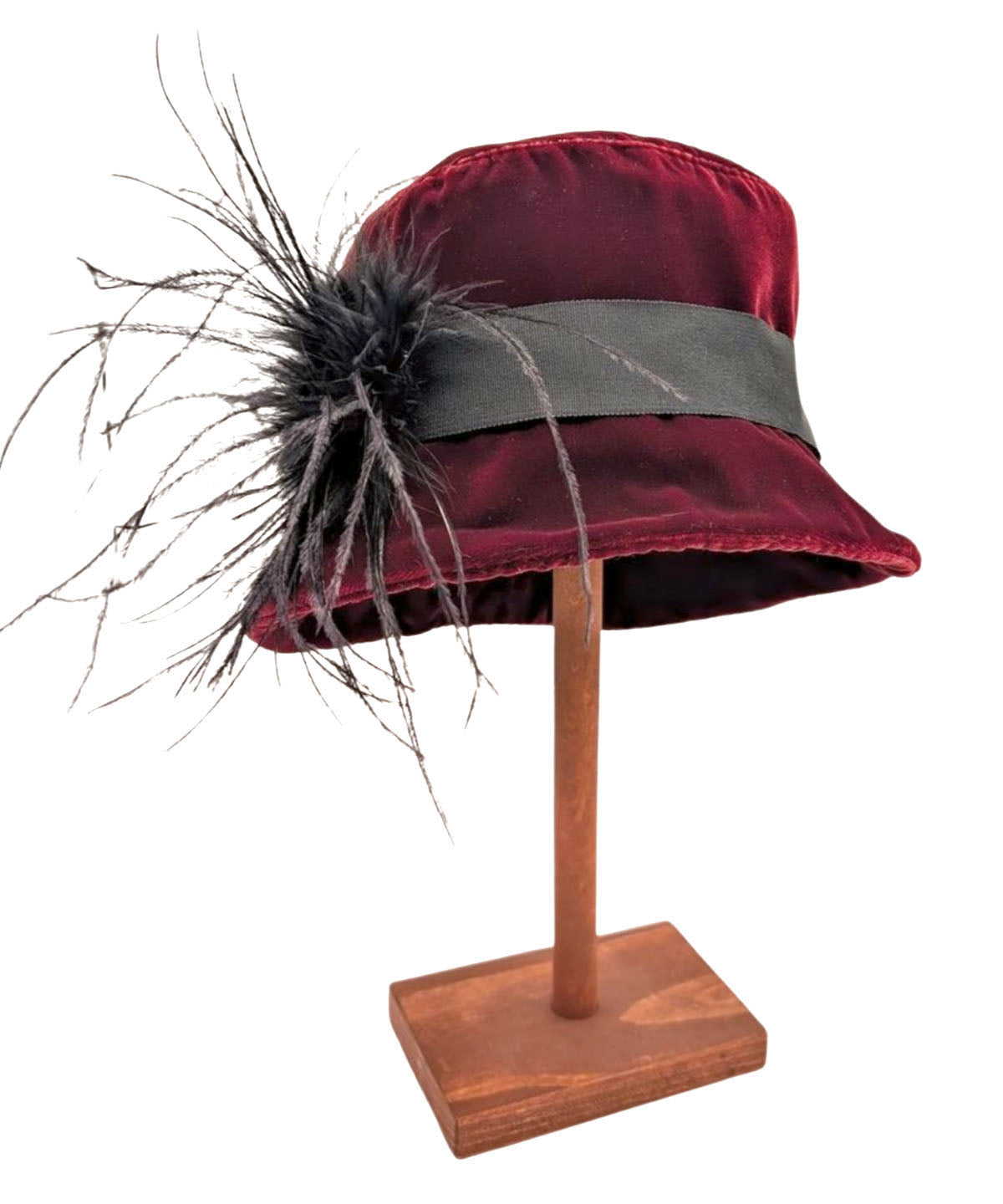 Samantha Hat in Bordeaux Velvet with a Black Grosgrain Band Ostrich Feather Brooch | Handmade in Seattle, WA USA | Pandemonium Millinery