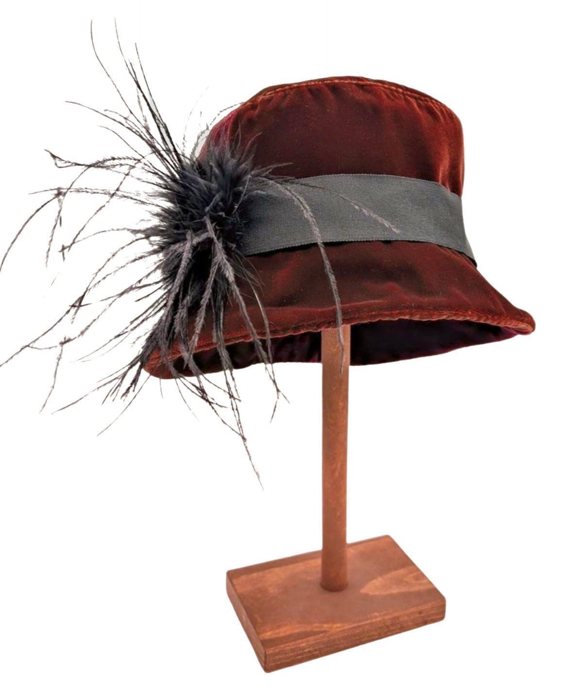 Samantha Hat in Copper Clay Velvet with a Black Grosgrain Band and Ostrich Feather Brooch | Handmade in Seattle, WA USA | Pandemonium Millinery