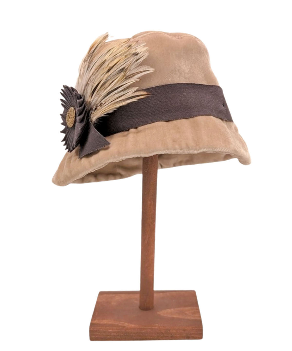 Front View of Samantha Hat in Mushroom Velvet with a Brown Grosgrain Band and Medallion with Button and Feathers | Handmade in Seattle, WA USA | Pandemonium Millinery