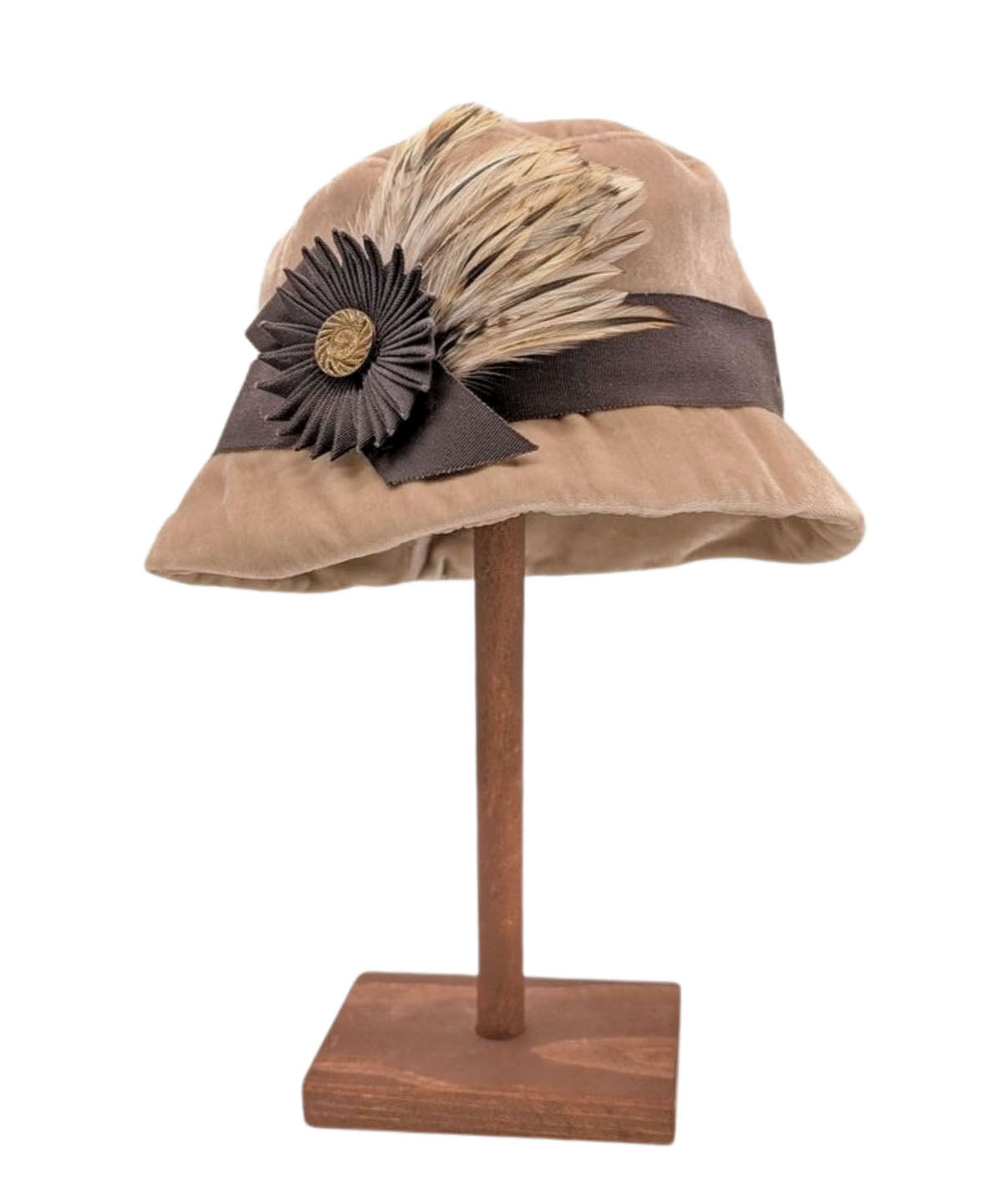 Samantha Hat in Mushroom Velvet with a Brown Grosgrain Band and Medallion with Button and Feathers | Handmade in Seattle, WA USA | Pandemonium Millinery