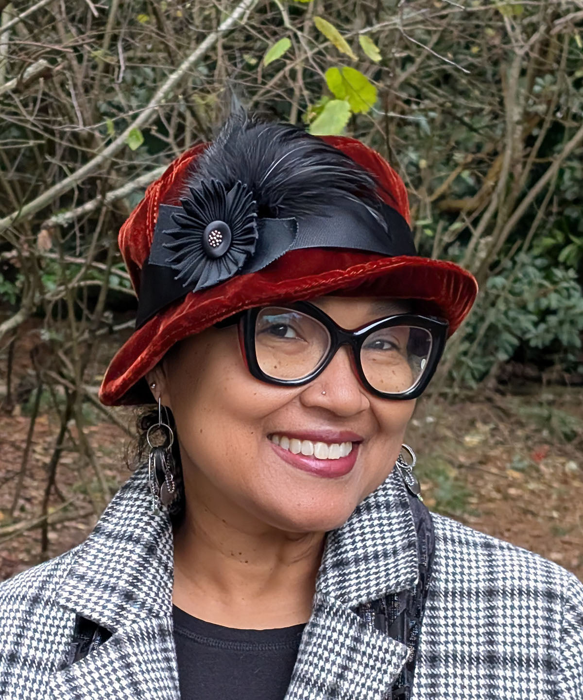Samantha Hat in Copper Clay Velvet with a Black Grosgrain Band and Ostrich Feather Brooch | Handmade in Seattle, WA USA | Pandemonium Millinery