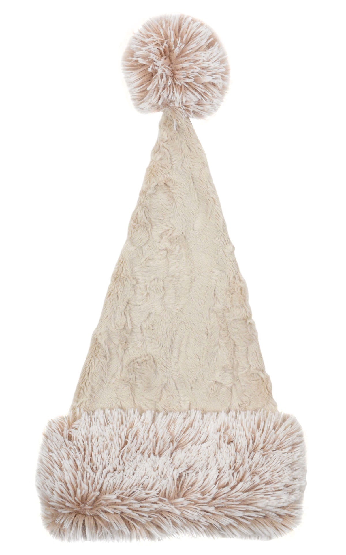 Santa Hat in Cuddly Sand with Foxy Beach Cuff handmade by Pandemonium Millinery in Seattle WA USA