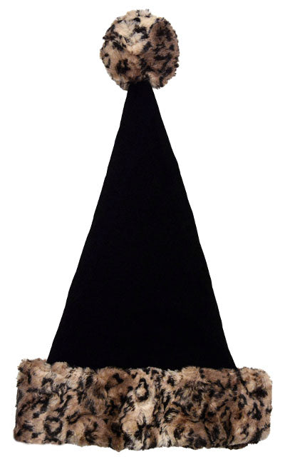 Santa Hat Style in Velvet in Black with Carpathian Lynx Faux Fur Cuffs by Pandemonium Seattle. Handmade in Seattle, WA USA.