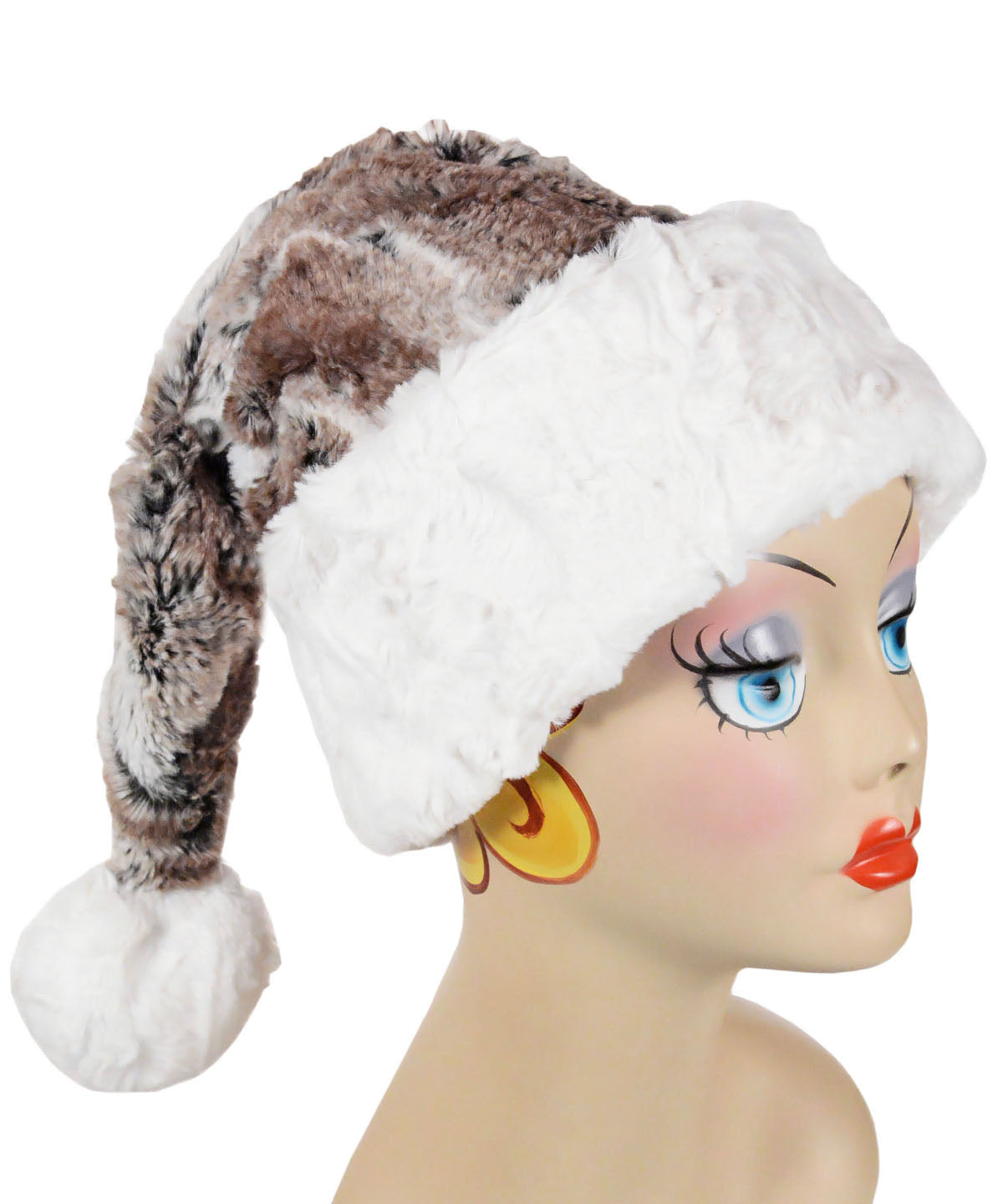 Product shot of Santa Hat in Birch Faux Fur with Cuddly Ivory Cuff handmade by Pandemonium Millinery in Seattle WA USA
