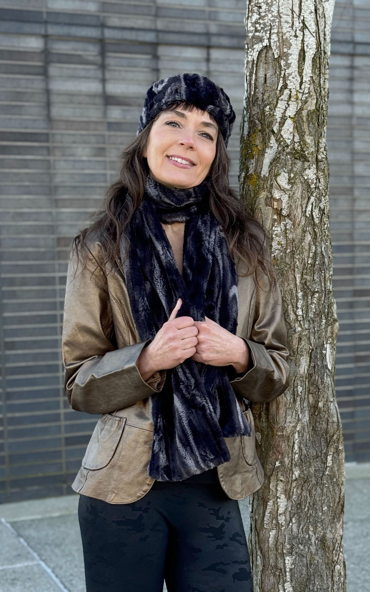 Woman wearing a Headband and Classic Standard Size Scarf in Black Marble Dune Faux  Fur handmade in Seattle, WA USA by Pandemonium Millinery