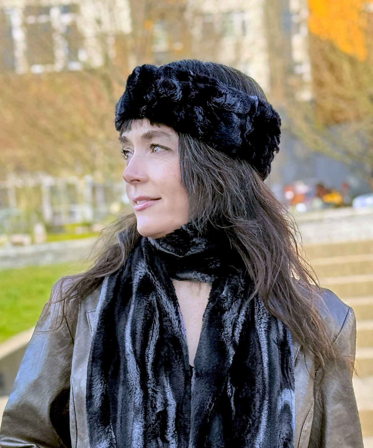 Side profile of woman wearing a Headband in Black Marble Dune Faux Fur handmade in Seattle, WA USA by Pandemonium Millinery