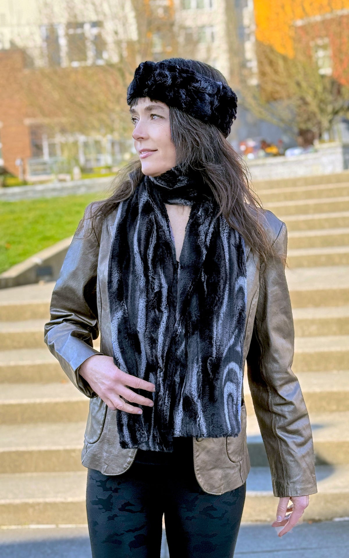 Woman wearing a Classic Standard Size Scarf in Black Marble Dune Faux  Fur handmade in Seattle, WA USA by Pandemonium Millinery