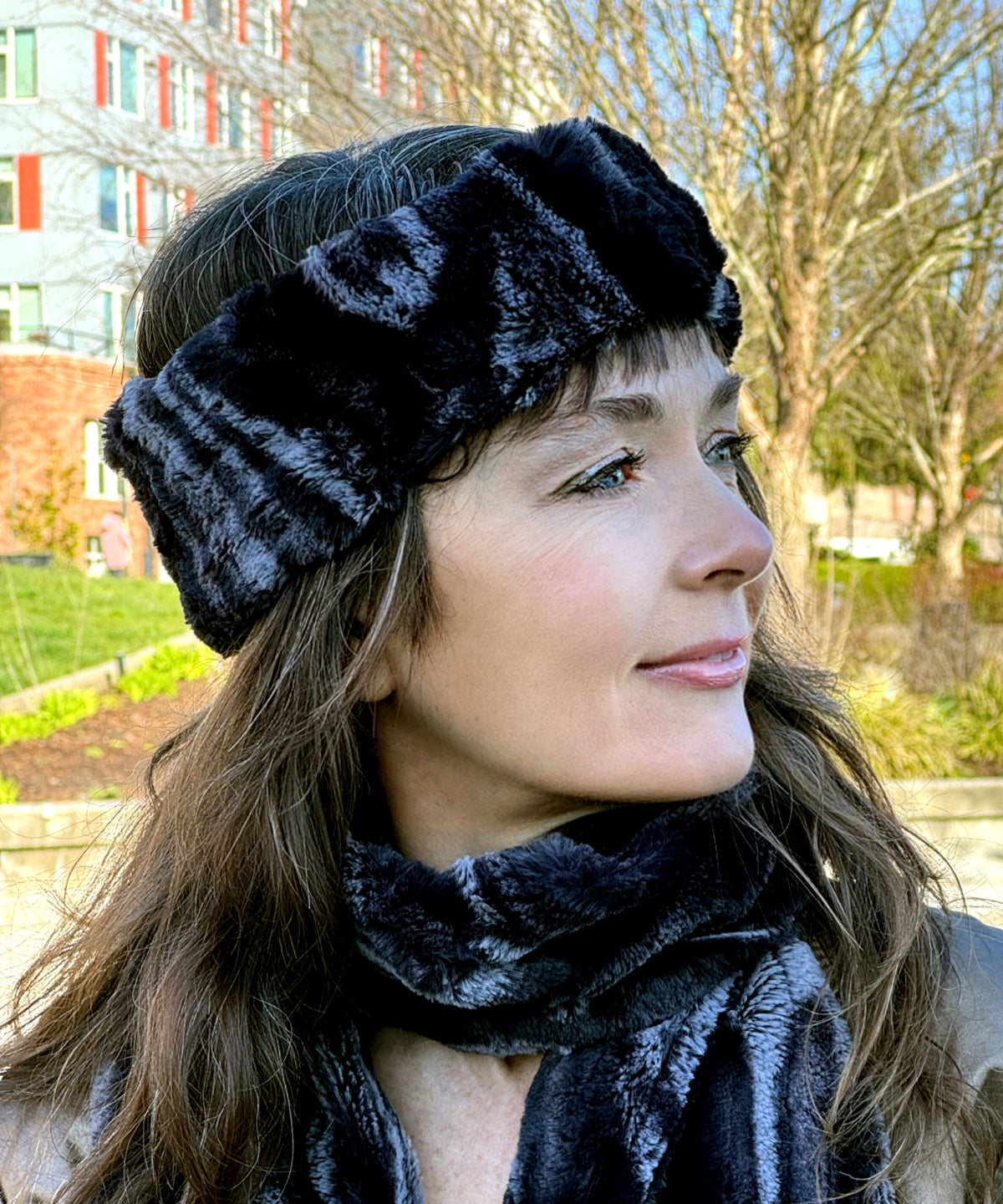 Woman wearing a Headband in Black Marble Dune Faux Fur handmade in Seattle, WA USA by Pandemonium Millinery