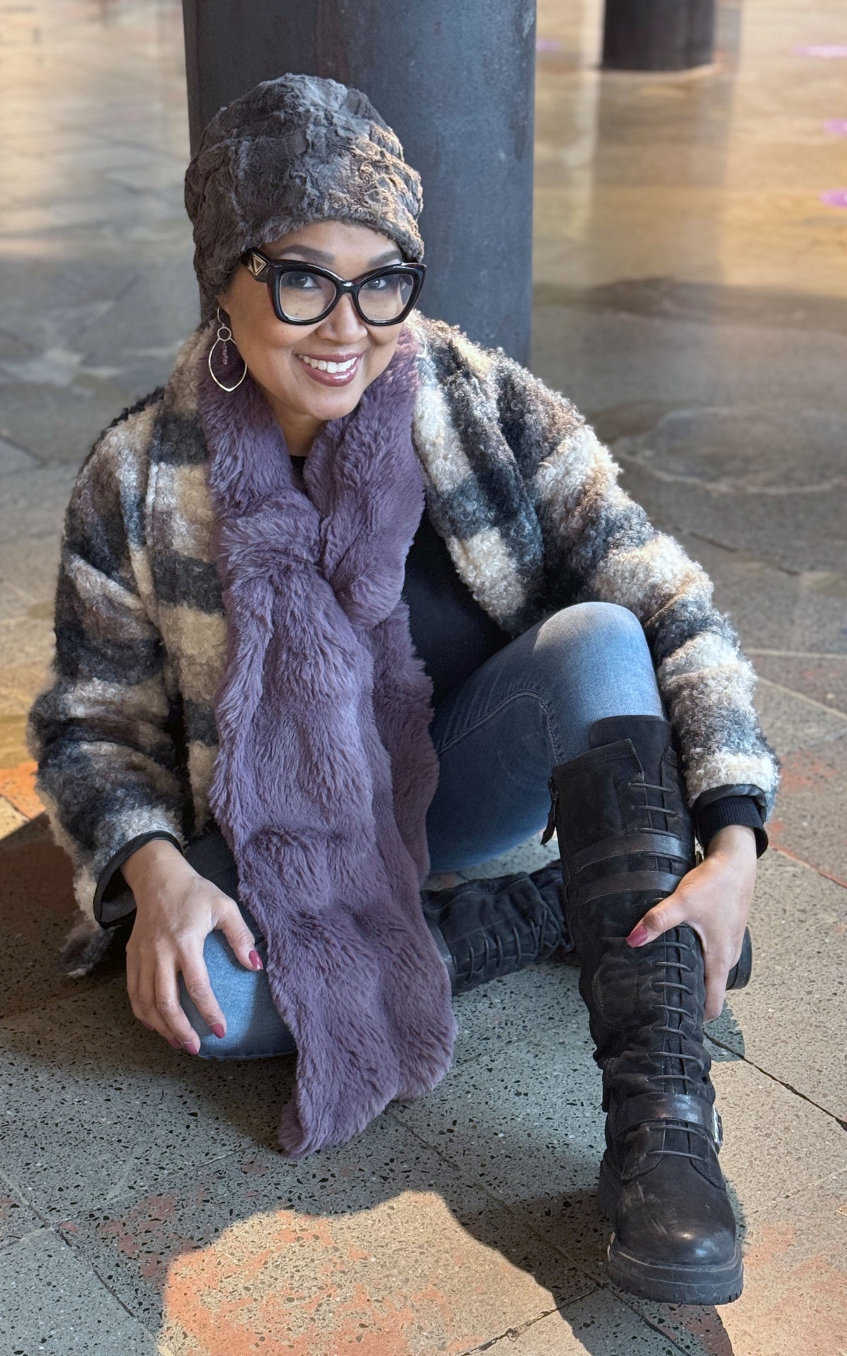 Model in Product photo of our Classic Scarf in Enchanted Dreams faux fur in Sugar Plum. Handmade in Seattle, WA, USA.