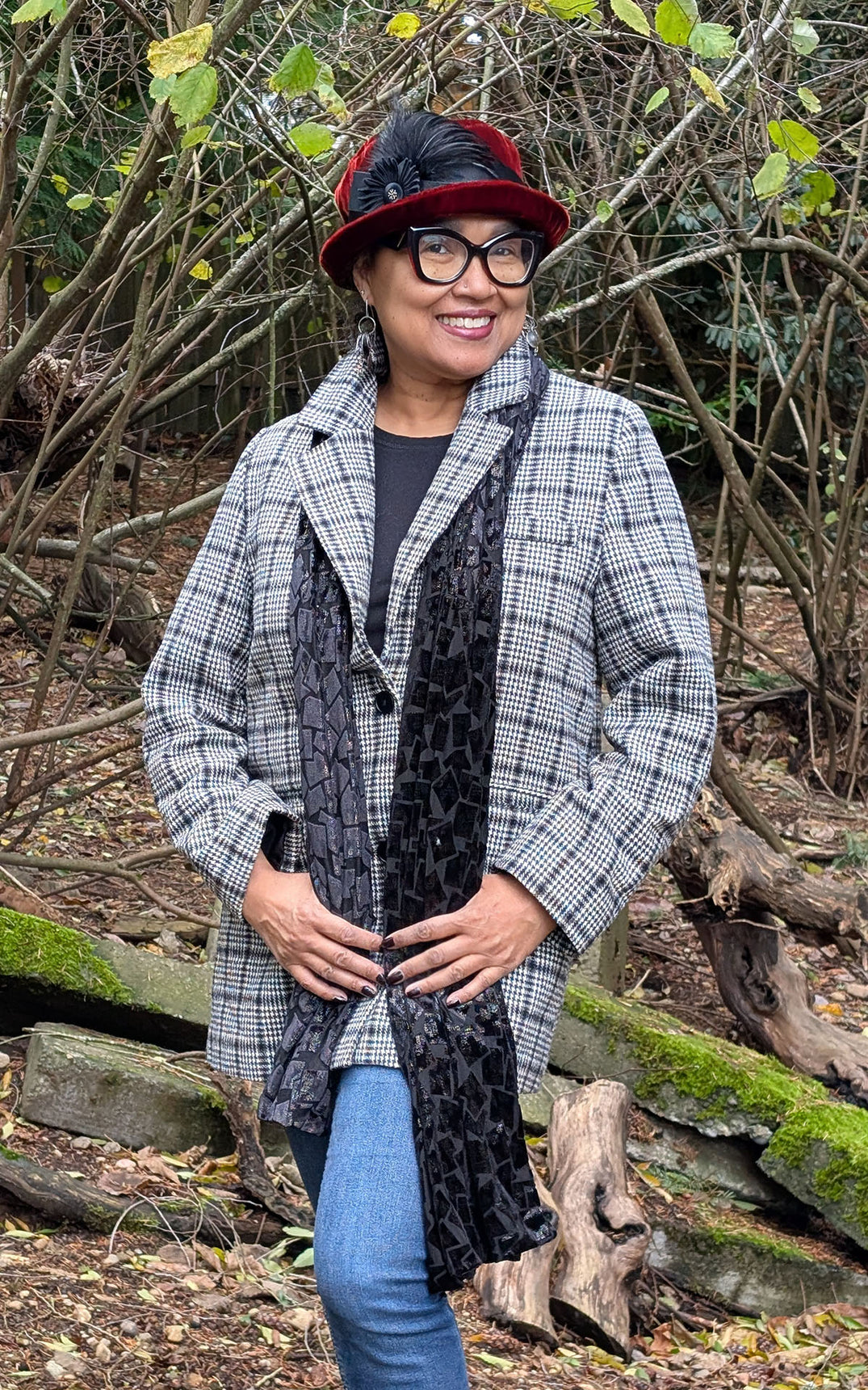 Woman outside wearing Scarf in Wild Nights Black Burnout Velvet handmade in USA by Pandemonium Seattle