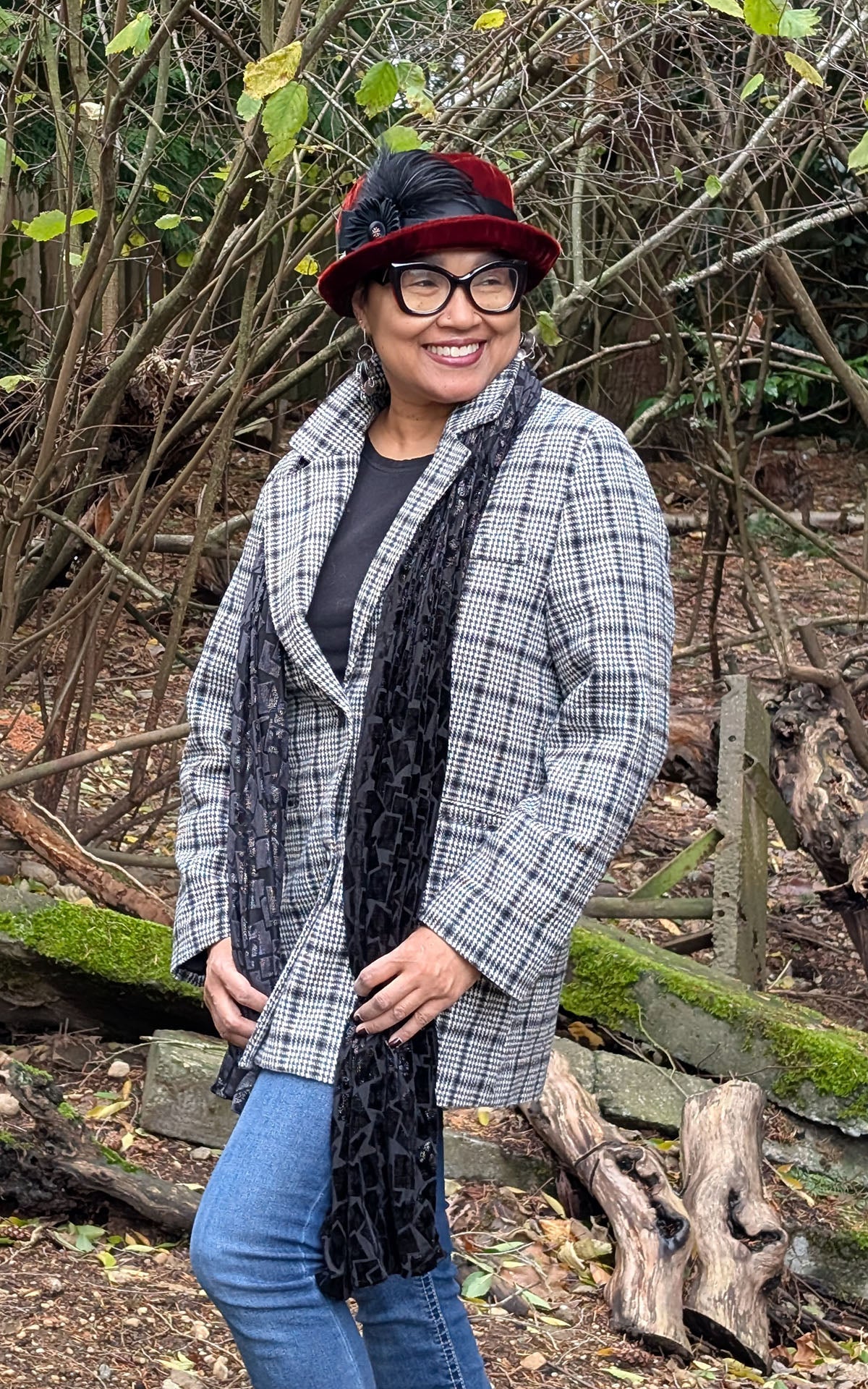 Woman wearing Evening Wrap with matching hat in Wild Nights, a sparkly, black, Burnout Velvet handmade in USA by Pandemonium Seattle